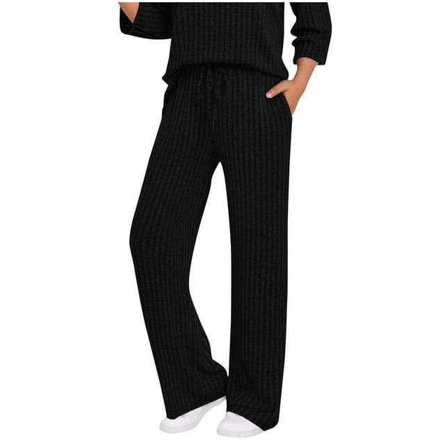 BLVB Womens Ribbed Wide Leg Lounge Pants with Pockets Casual Comfy Loose Soft Knit Pajama Pants Fall Winter with Drawstring