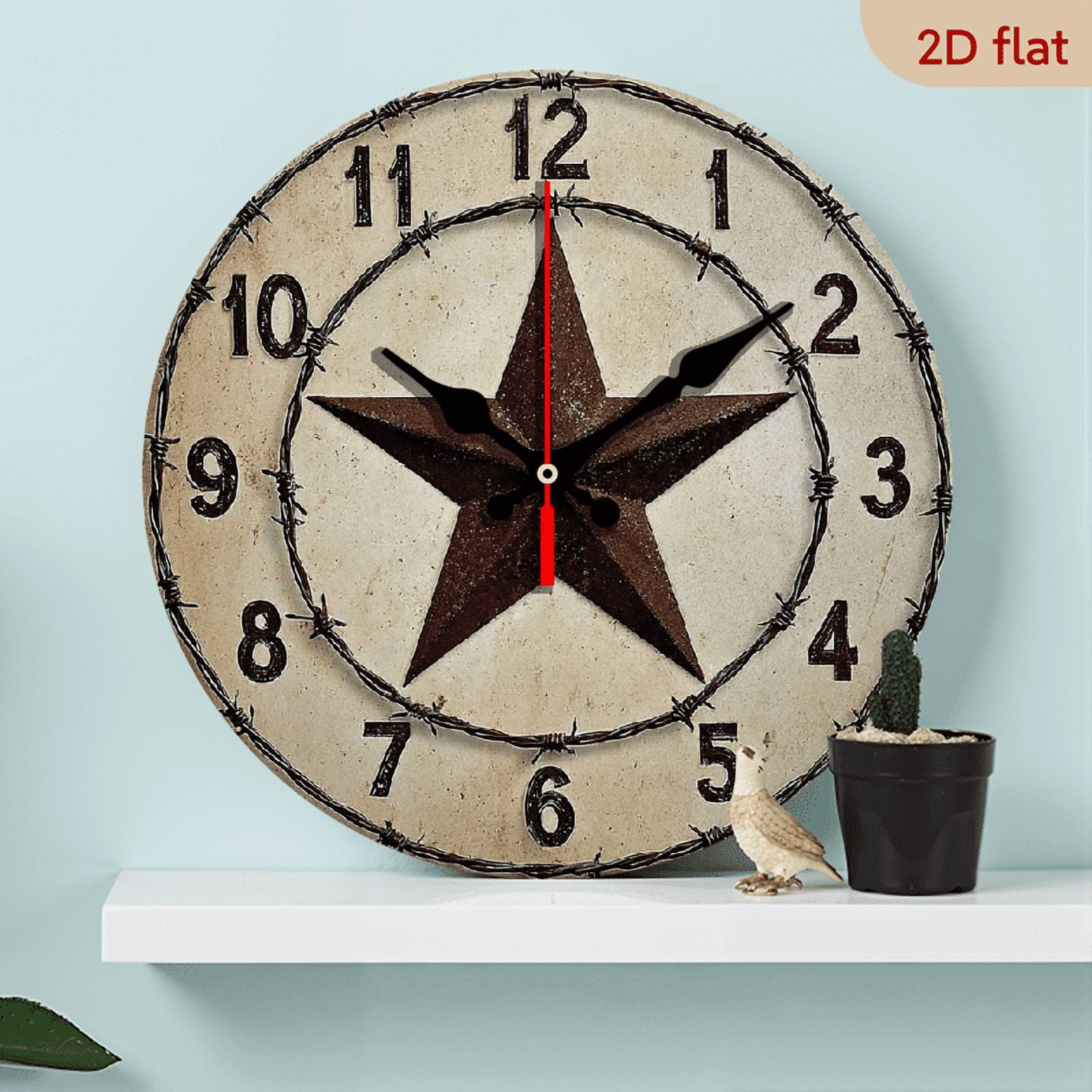 Vintage Star Wall Clock Silent Non Ticking, Texas Farmhouse Star Vintage Rustic Wood Grain Clock, Battery Operated Wooden Round Wall Clocks Decorative for Living RoomKitchenOffice 10 Inc