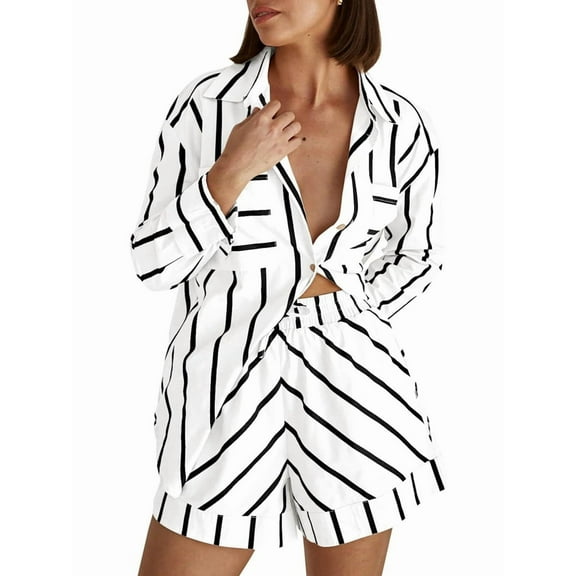 Womens Striped 2 Piece Outfits Button Down Shirts and Shorts Lounge Matching Sets White L