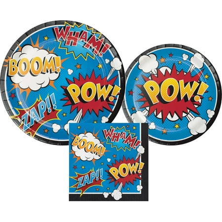 Superhero Party Supplies Bundle with Lunch Plates, Cake Plates, and Napkins for 8 Guests