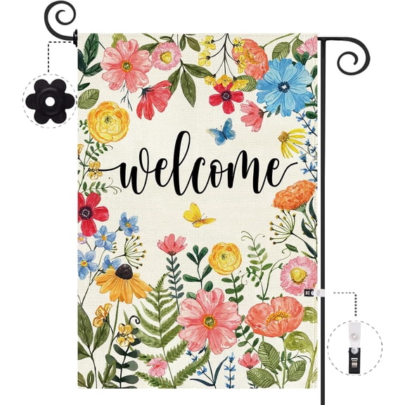 Spring Summer Welcome Wildflower Garden Flag 12.5 x 18 Inch Double Sided Burlap Pink Flower Green Leaf Farmhouse Small Yard Flag Summer Holiday Seasonal Outdoor Outside Decoration