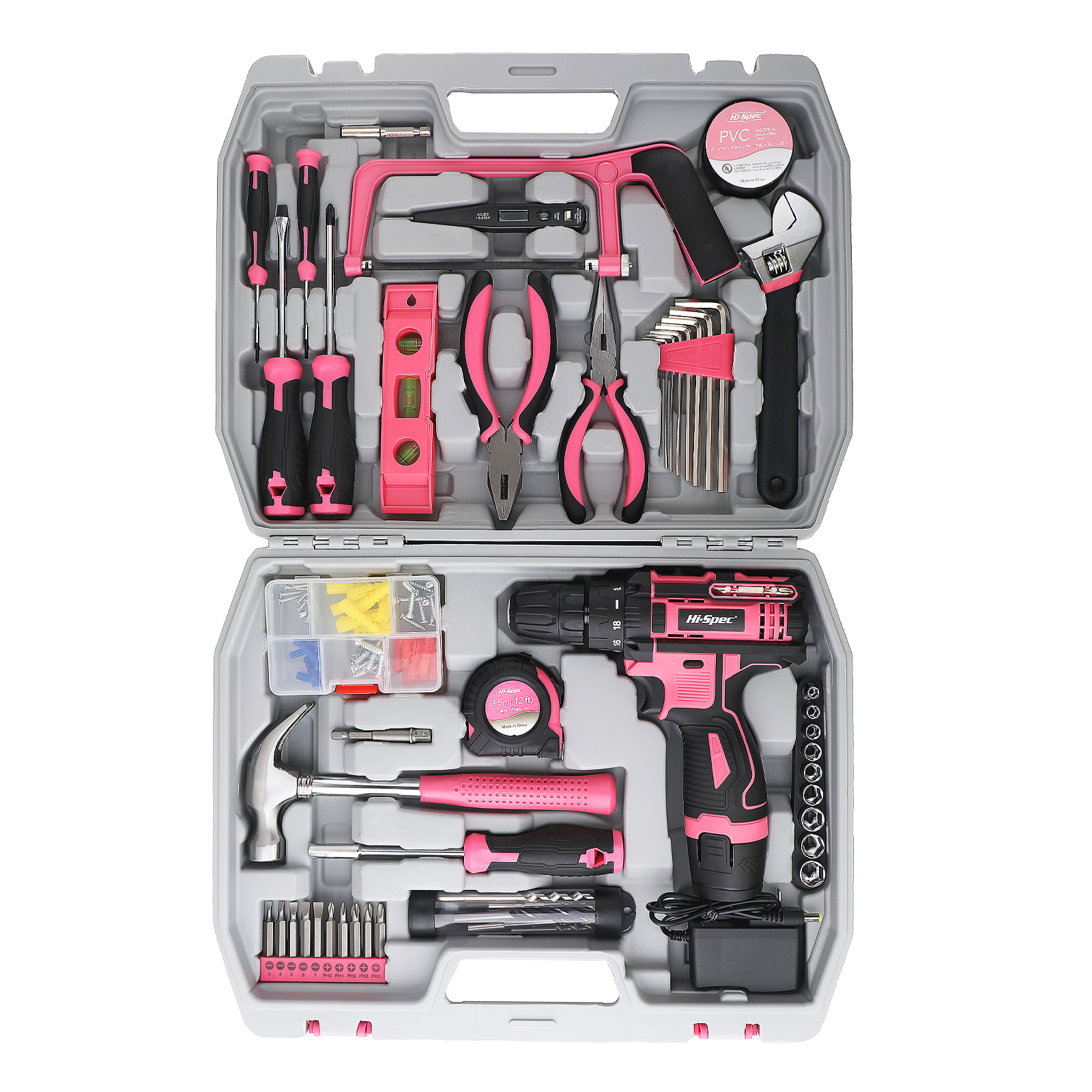 Fenbeli 121-Piece Mechanics Tool Set with Case, Cordless Hand Drill, Wrenches, Professional Tools Kit for Car Repair, Pink