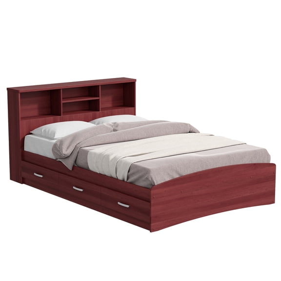 Woodpeckers Furniture and Mattress Full Bed with 3 Drawers & Bookcase Headboard Wood Bed Frame - Mahogany Finish-Color:Mahogany,Material:Wood