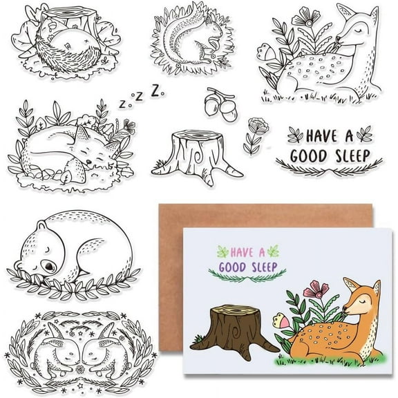 Animals Clear Rubber Stamps Plants Word Transparent Vintage Sleeping Rabbit Bear Merlion Squirrel Fox Hazelnut Tree Root Postmark Silicone Seals Stamp Journaling Card Making DIY Scrapbooking