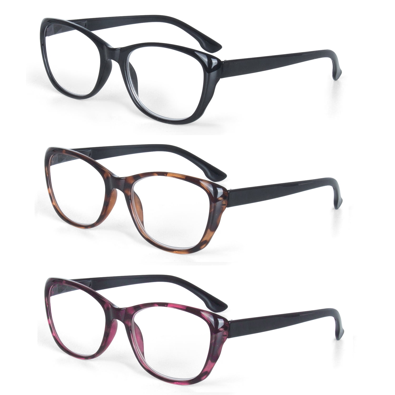EYE ZOOM 3 Pack Ladies Cat Eye Stylish Style Reading Glasses with Spring Hinge for Women, Black