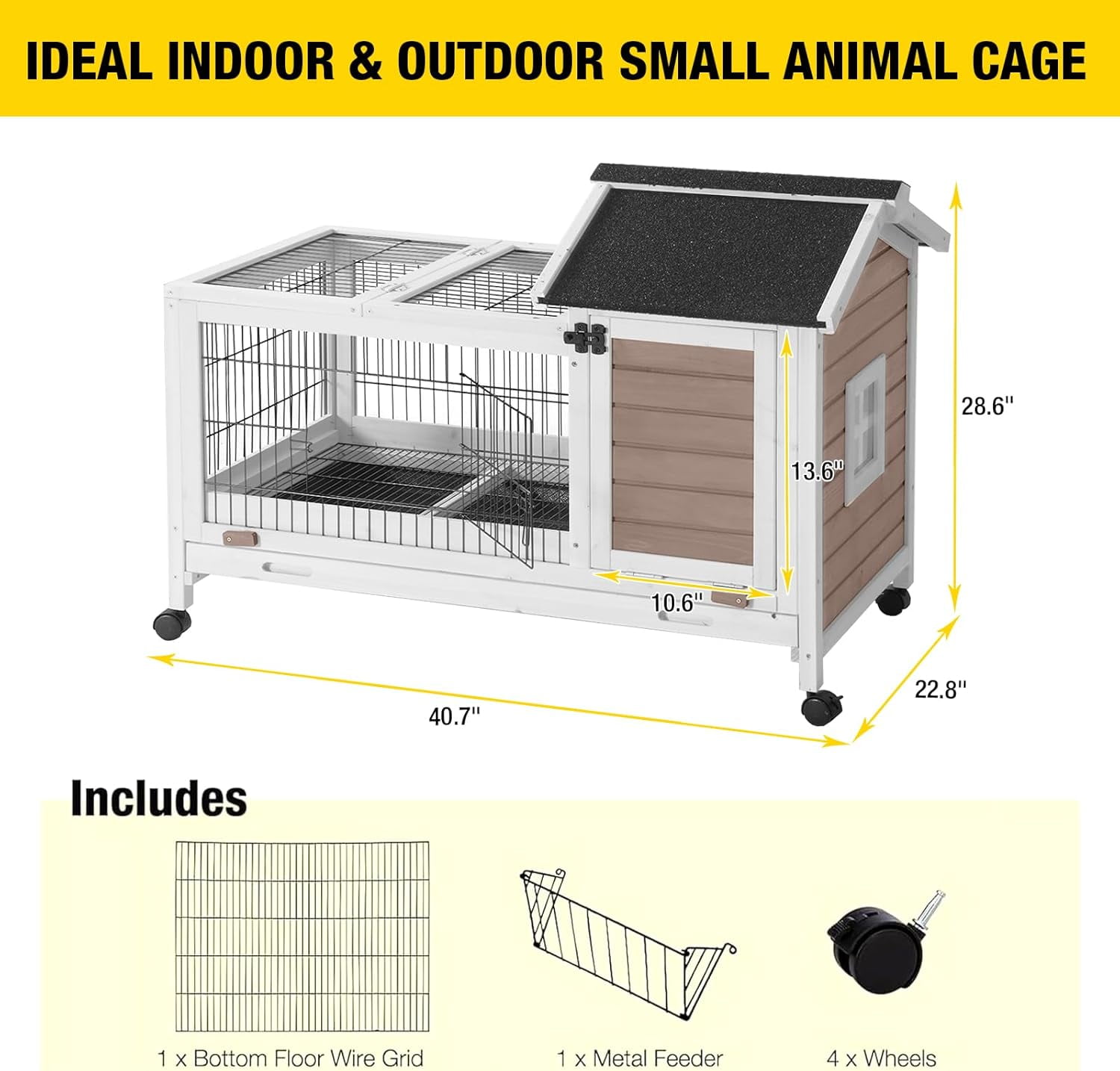 Aivituvin Rabbit Hutch Indoor Bunny Cage Outdoor Bunny House with Wire Floor Leakproof Plastic Tray, Brown