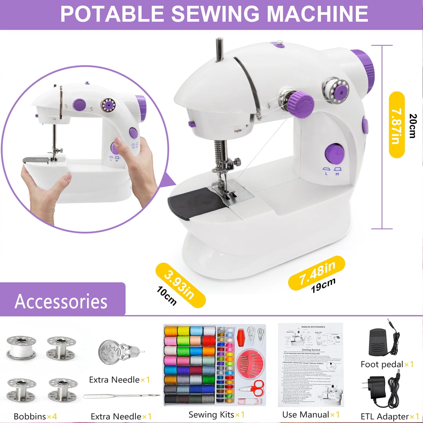 Fixdono Mini Sewing Machine for Beginners, 111-Piece Portable Sewing Machine, Dual Speed Sewing Kit for Household, Travel