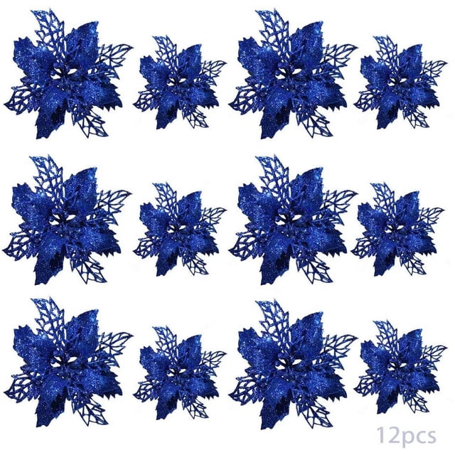 12 flores de simulación de Navidad, flores de Navidad, flores de árbol de Navidad, decoración de árboles de Navidad, flores de Navidad artificiales (azul) Ormromra WLJ-1080