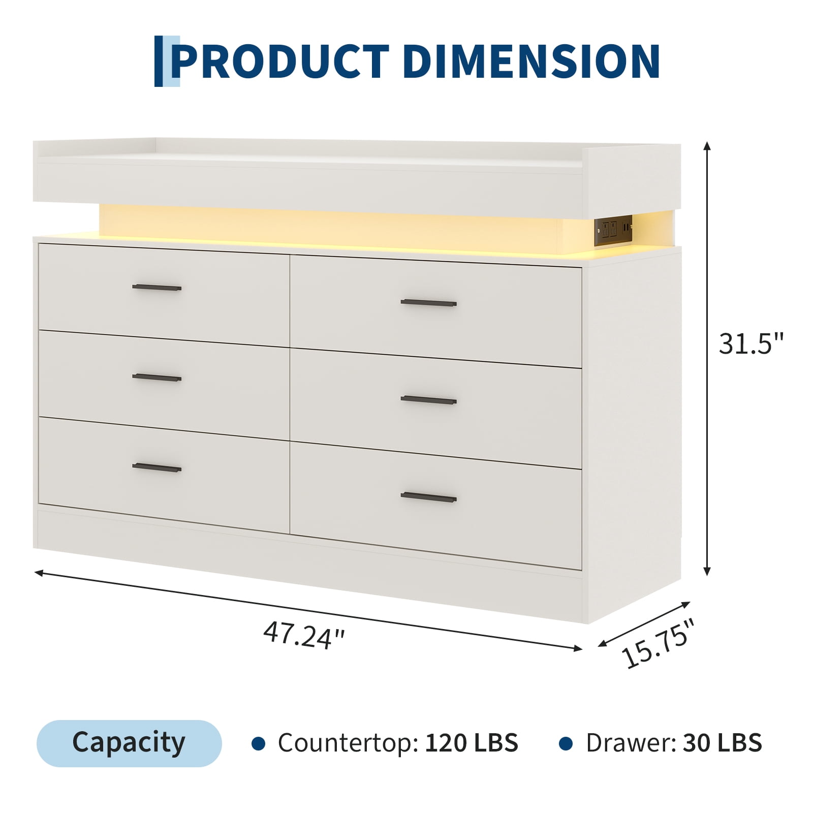 6 Drawer Double Dresser with Power Outlet, Accent Chests of Drawers with LED Light, Modern Storage Dresser with Charging Station