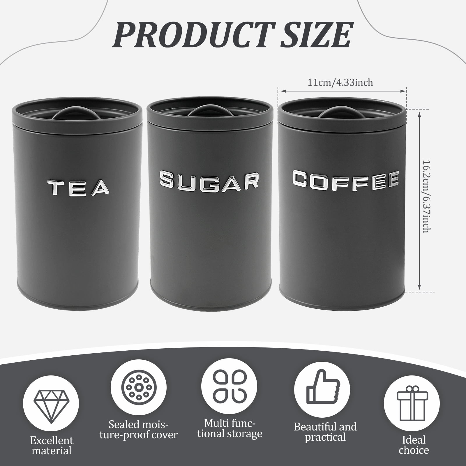 3 Pack Kitchen Canisters with Lids Airtight Metal Canister Set, Food Storage Containers Jars for Coffee, Sugar, Tea, Flour, Rustic Kitchen Decor Containers