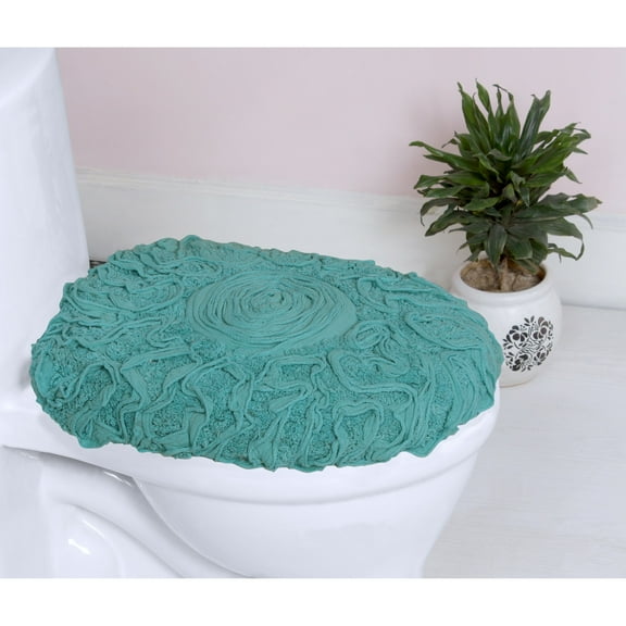 Home Weavers Inc Home Weavers Bell Flower Cotton Soft, Water Absorbent Toilet Seat Lid Cover, Machine Washable 18"x18" Toilet Lid Cover Turquoise