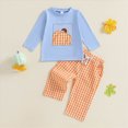 thumbnail image 6 of NOLDARES Toddler Baby Boy Fall Clothes Embroidery Shirt Top Elastic Waist Plaid Pants Set Trendy 2 Piece Outfit(Blue,2-3 Y), 6 of 9