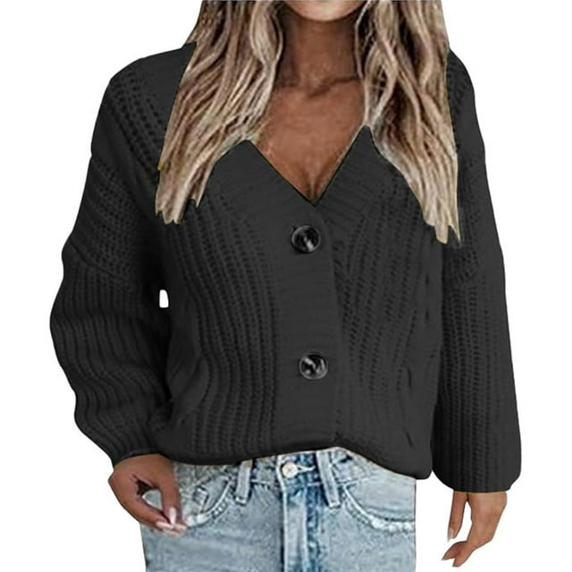 Duoif Cardigan Sweaters for Women Ladies V Neck Long Sleeve Cardigan Sweater Solid Color Button Fashion Sweater Jacket with Pockets Womens Sweaters Black M