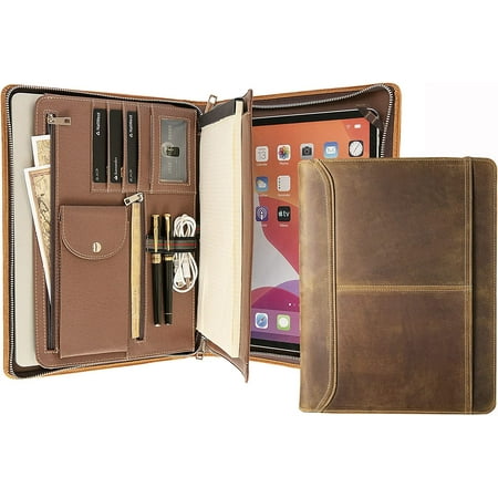 AZXCG Genuine Leather Portfolio Folder, Leather Padfolio Case for iPad Pro 12.9 (2nd Gen, 2017), Business Portfolio Zippered Notebook Planner for Men, Brown