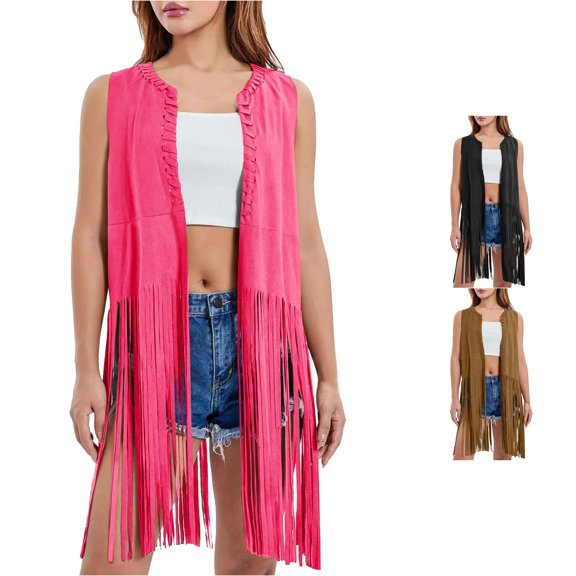 Tanghaowl Summer Cardigan Women's Fringe Cardigan Sleeveless Hippie Western Tassel Outerwear 70s Style Knit Vest Hot Pink XXXL