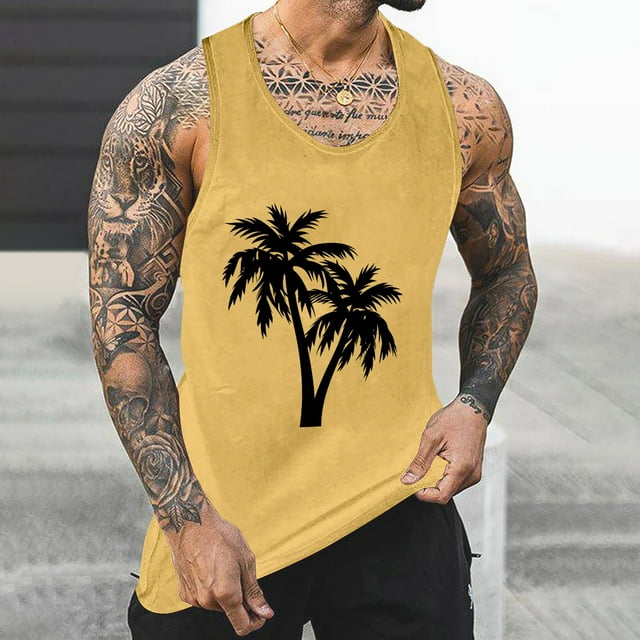 Mefallenssiah Mens T-Shirts,Men'S Tank Colorless Gradient Printing Round Neck Thin Strap Leakage Back Regular Casual Sports Tank Blouses