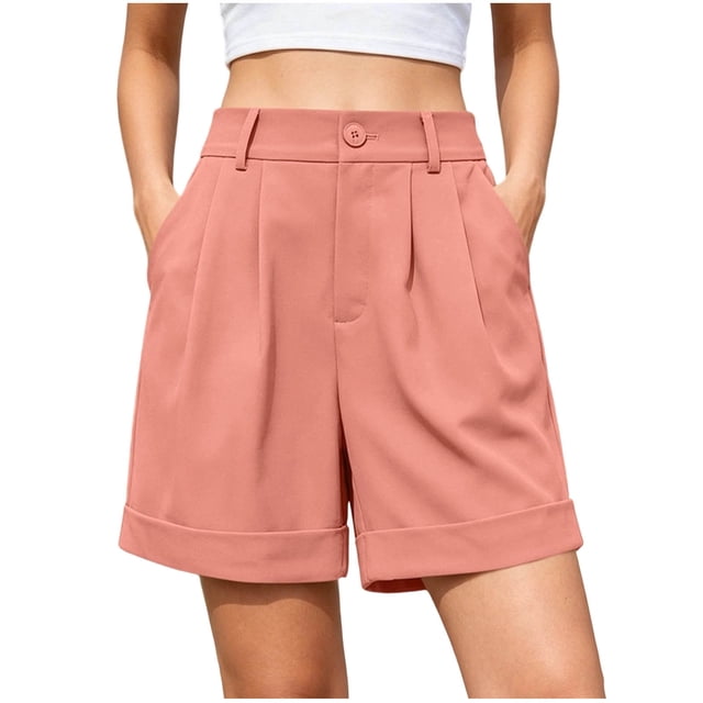 Fsgntruao Women's Fashion Solid Color Elastic Waist Pocket Button Zipper Shorts Pants