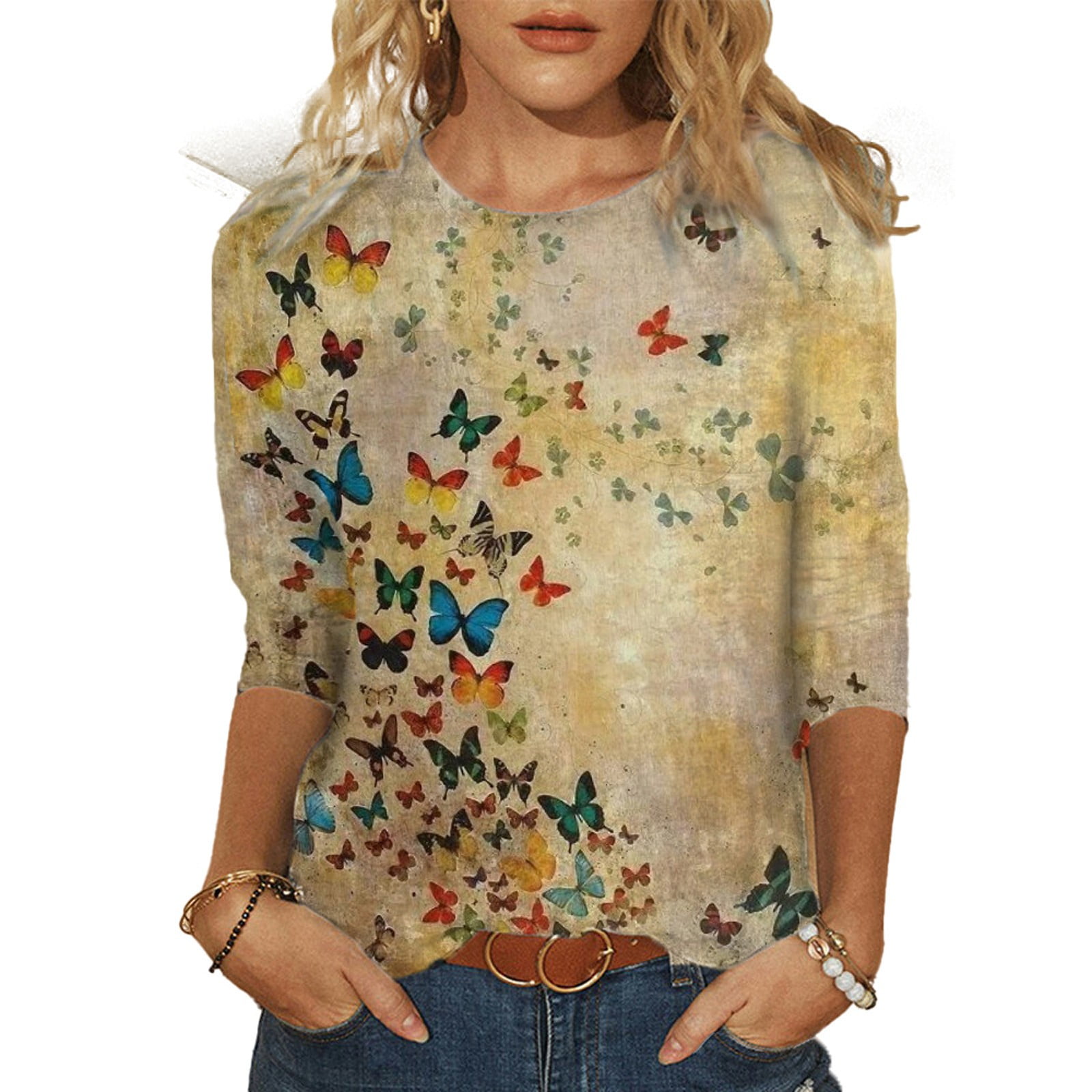 3/4 Sleeve Shirts for Women Round Neck Butterfly Print T-Shirt Comfy Soft Summer Tops Mid-length Sleeve Pullover Blouse 