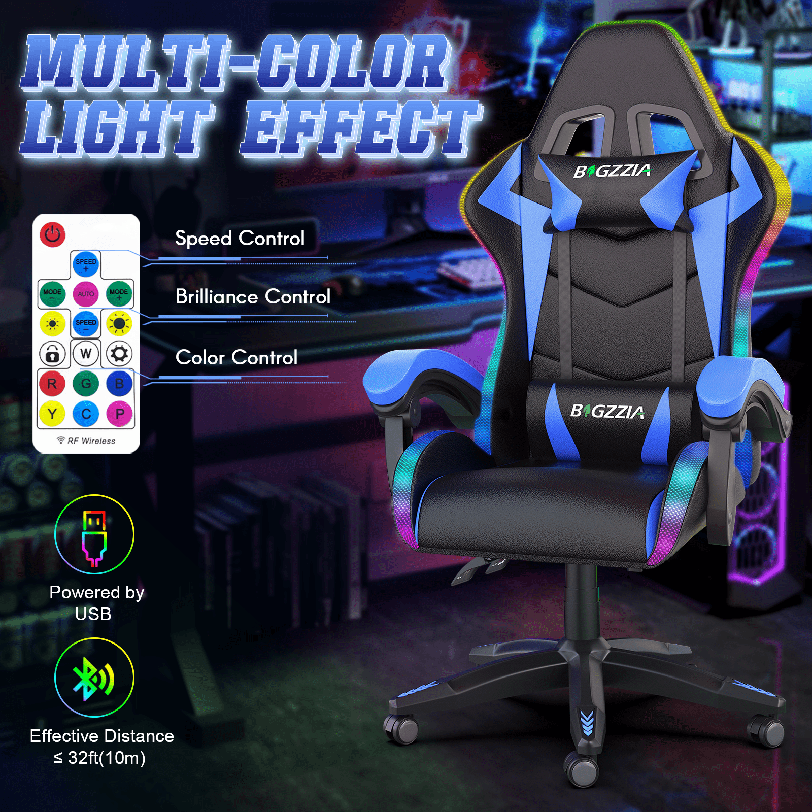 Bigzzia Gaming Chair with LED Lights Ergonomic Office Chair for Adults and Kids - Adjustable Height, 360° Swivel, Headrest Support, Mesh PU Leather, Black & Blue