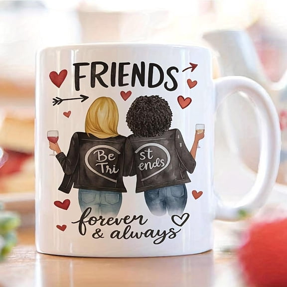1pc 11oz friendship themed ceramic coffee mug tea cup A cup mug printed with friends forever and graphic and heart elements A friends on birthday anni
