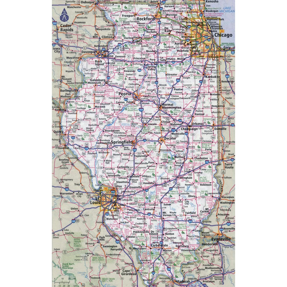 Laminated Map Large detailed roads and highways map of Illinois state