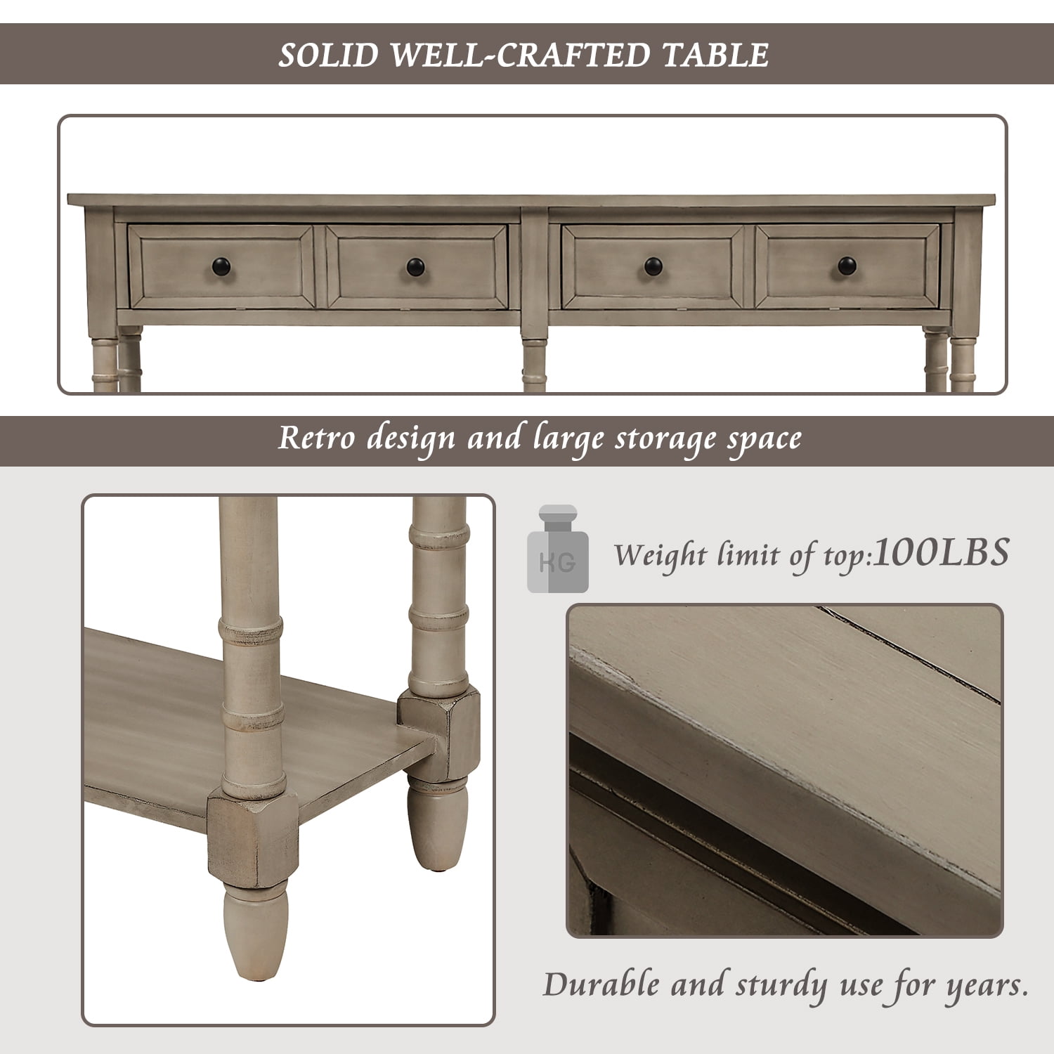 Wooden Console Table with Two Drawers and Bottom Shelf,Antique Entryway Table for Hallway Living Room,Grey Wash