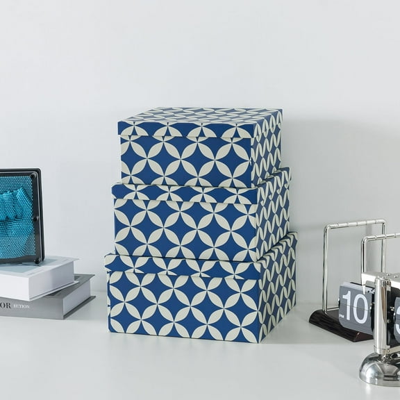 Set of 3 Decorative Boxes with Lids, Square 11" x 11" Nesting Cardboard Storage for Home Décor in Blue and