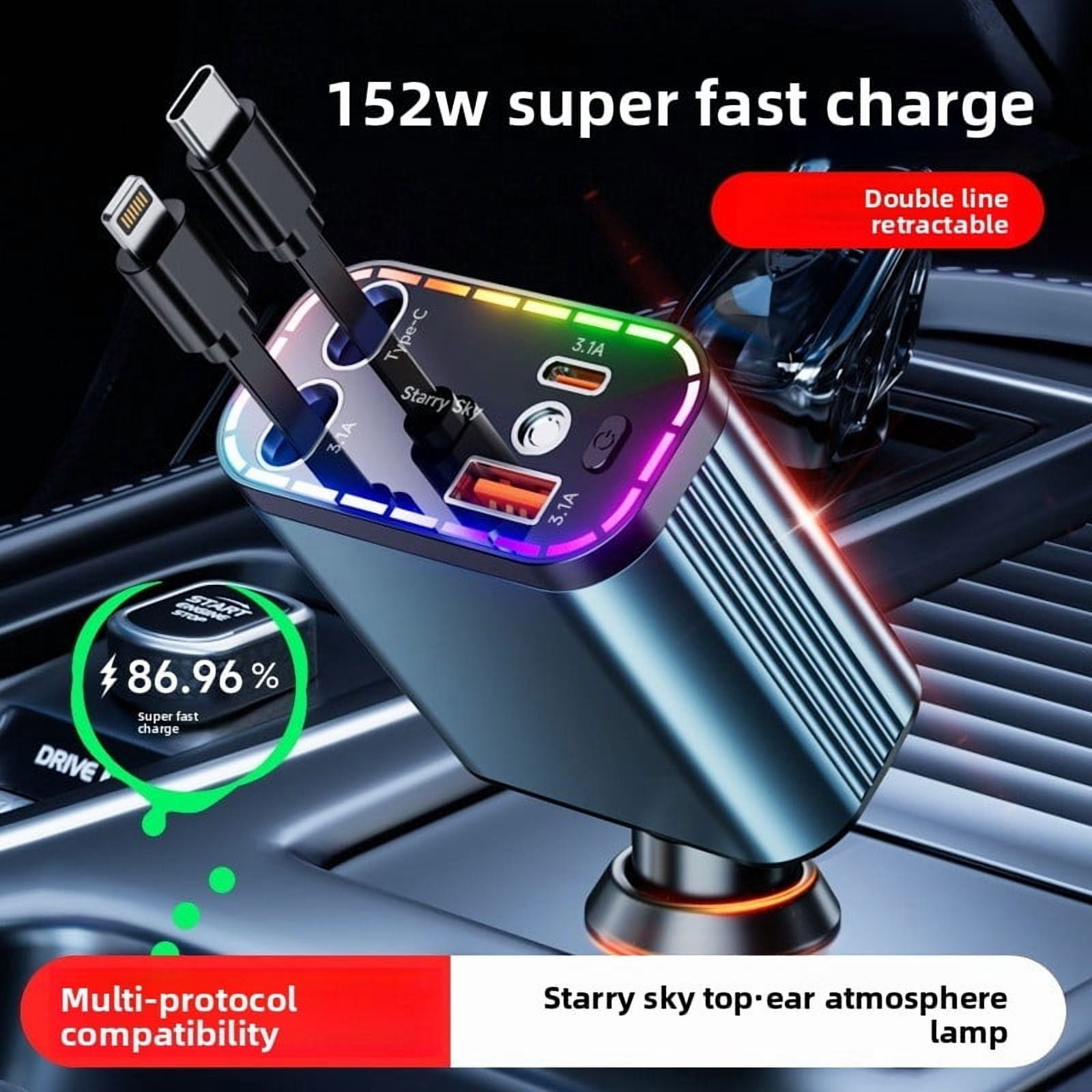 152W USB C Fast Car Charger with PD Quick Charge, 4 Port Cigarette Lighter Car Charger with Dual Retractable Cables and LED Ambient Light, for iPhone and Android