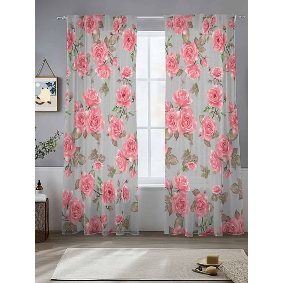 Red Floral Sheer Curtains for Living Room Bedroom Farmhouse Garden Flowers Botanical Sheer Curtains 84 Inch Long 2 Panels Set Light Filtering Curtain Window Treatments Drapes for Dining Room