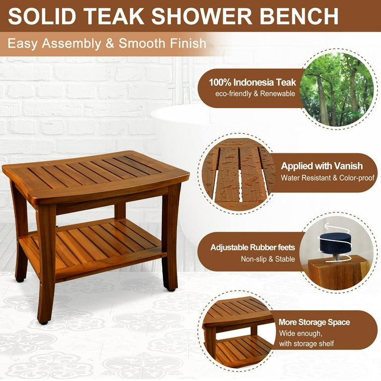 Jolicasa Teak Shower Bench, Waterproof Teak Wood Stool, Shelf for