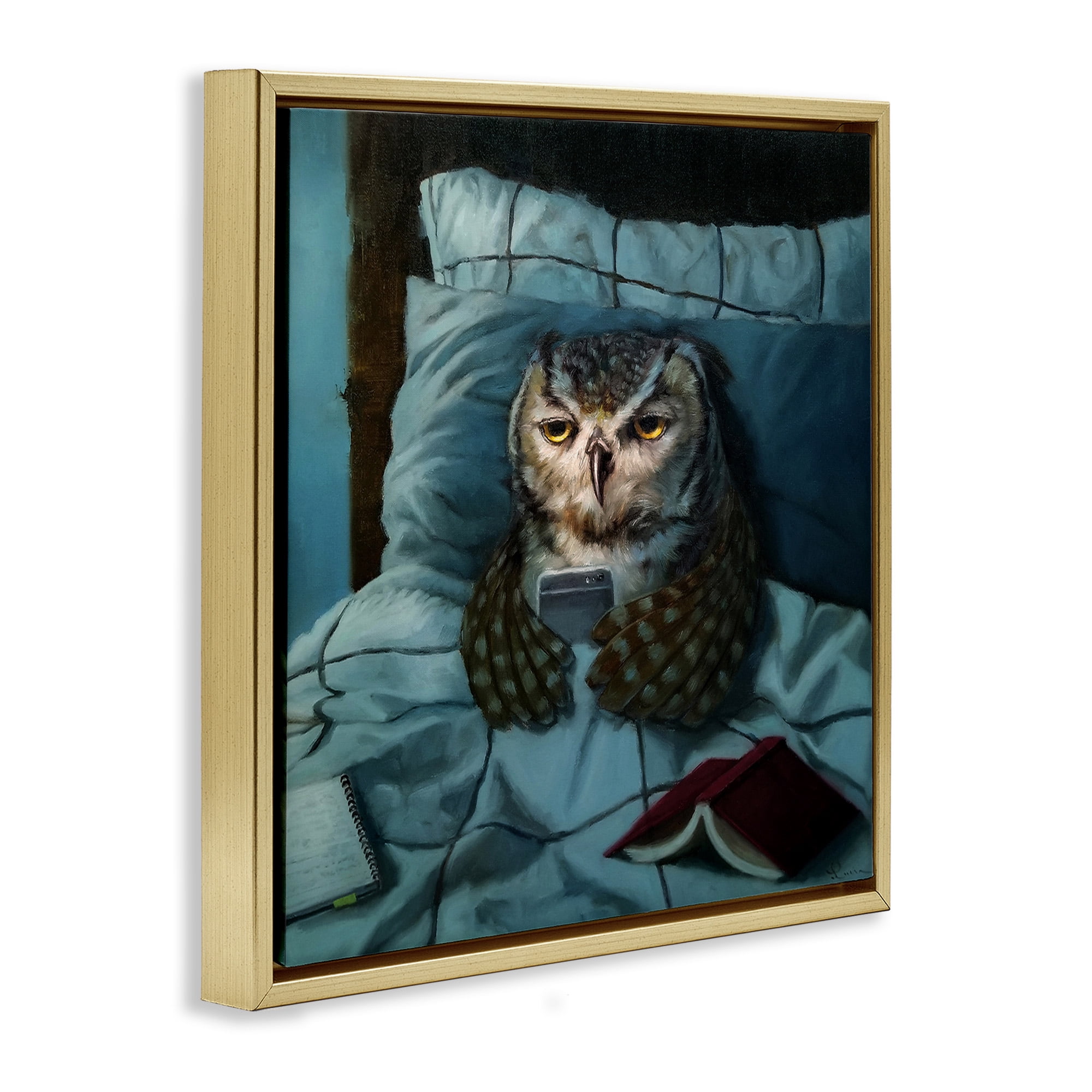 Stupell Industries Night Owl on Phone Animals & Insects Painting Gold Floater Framed Canvas Art Print Wall Art, 18 x 18