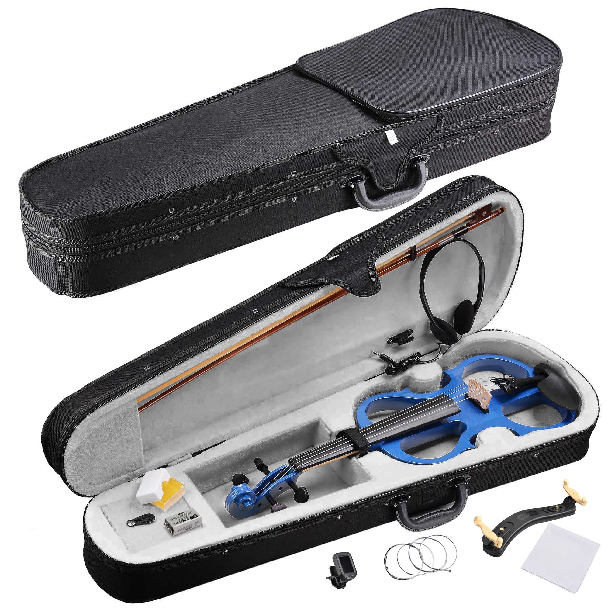 4/4 Electric Violin Full Size Wood Silent Fiddle Stringed Instrument Bow Headphone Case Blue