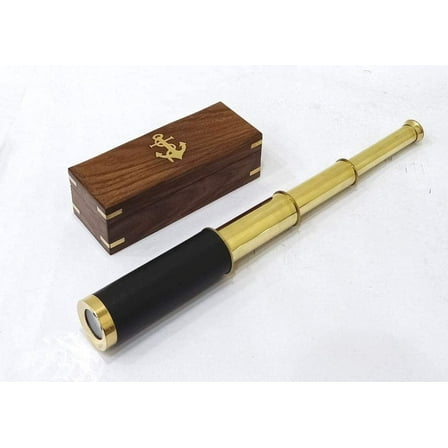 Nautical Brass/Leather Spyglass Telescope with Rosewood Box, 15"