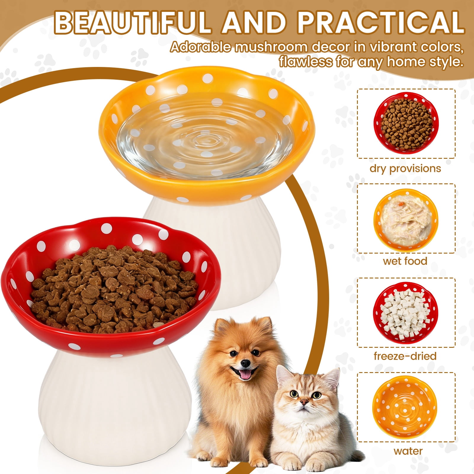 Threns Mushroom Cat Bowl,Whisker Fatigue Cat Bowl,Cute Cat Bowls,Elevated Cat Food Bowl, Lead & Cadmium Free Ceramic Cat Bowls for Food and Water,(Red+Yellow)