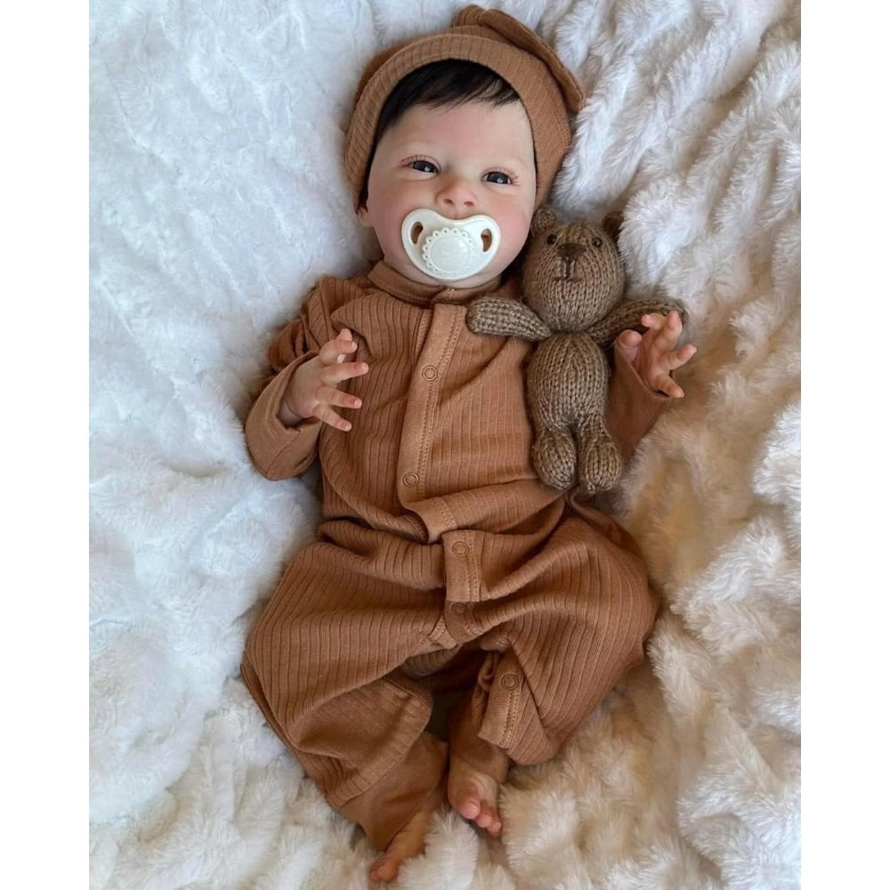 18 Inch 45 CM Realistic Reborn Baby Dolls Boy Eyes Open with Hair, Soft Cuddle Cloth Body Smiling Baby Boys Doll Real Life Silicone Newborn Toddler Like A Real Babydolls with Accessories