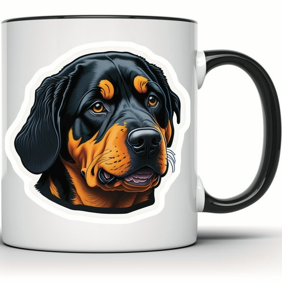 Rottweiler Mug - Dog Lover Gift, Rottweiler Dog Portrait, Pet Lover Mug, Rottie Mom and Dad, Dog Breed Mug, Rottweiler Gift Cup - 11 Ounce Black Rim Handle Novelty Coffee Cup - WMUG0590-Black Rim