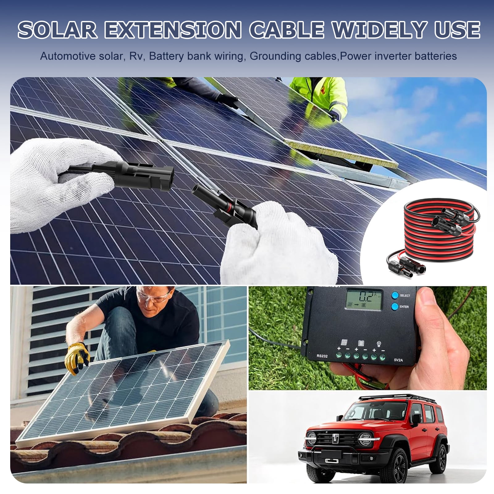 Solar Panel Extension Cable 30FT 10AWG, 6mm² Solar Extension Cable Wire with Female Male Waterproof Connectors for RV, Photovoltaic Systems
