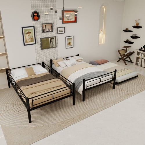 Leumius Twin over Twin Bunk Bed with Trundle,Heavy Duty Metal Bed Frame with Sturdy Guardrail and Ladders,Triple Bunk Bed,Separates Into 3 Twin Beds,Black