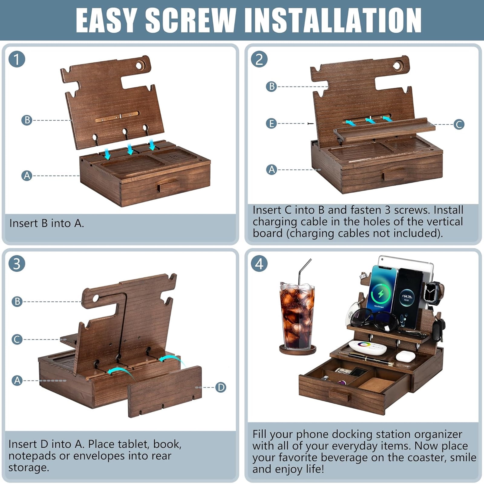 Petyoung Wood Phone Docking Station for up to 3 Phones - Nightstand Organizer with Drawer, Coaster, Compatible with Tablets, Glasses, Watches & EDC