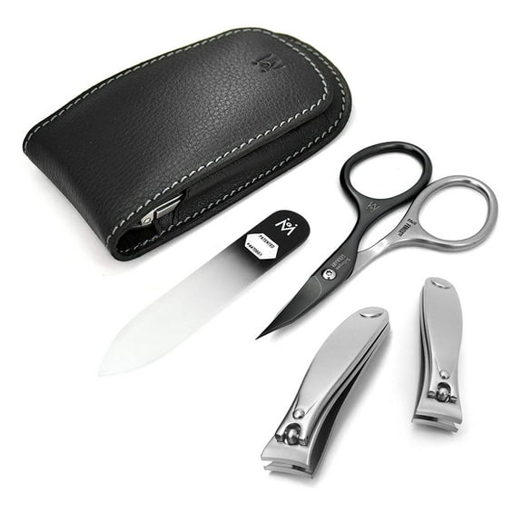 GERMANIKURE 4pc Manicure Set - Handmade in Solingen Germany, FINOX High Carbon Stainless Steel: Nail clippers, SELF SHARPENING combination scissors, Czech Glass Nail file in Leather Case