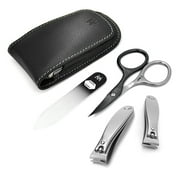 GERMANIKURE 4pc Manicure Set - Handmade in Solingen Germany, FINOX High Carbon Stainless Steel: Nail clippers, SELF SHARPENING combination scissors, Czech Glass Nail file in Leather Case