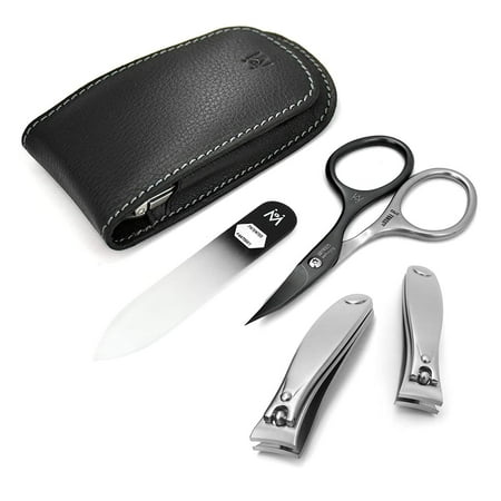 GERMANIKURE 4pc Manicure Set - Handmade in Solingen Germany, FINOX High Carbon Stainless Steel: Nail clippers, SELF SHARPENING combination scissors, Czech Glass Nail file in Leather Case