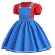 Princess Hero bros Halloween Fancy-Dress Costumes with Hat Beard for Child, Little Girls 5-6