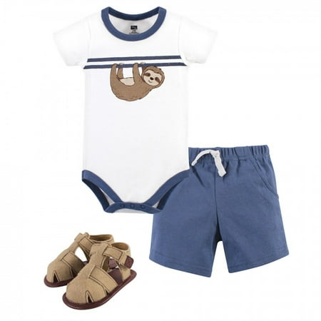 UPC: 0660168533903 | Hudson Baby Infant Boy Cotton Bodysuit  Shorts and Shoe 3pc Set  Sloth  6-9 Months