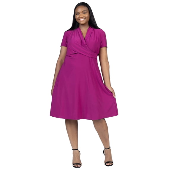 Plus Size V Neck Faux Wrap Bust Knee Length Dress