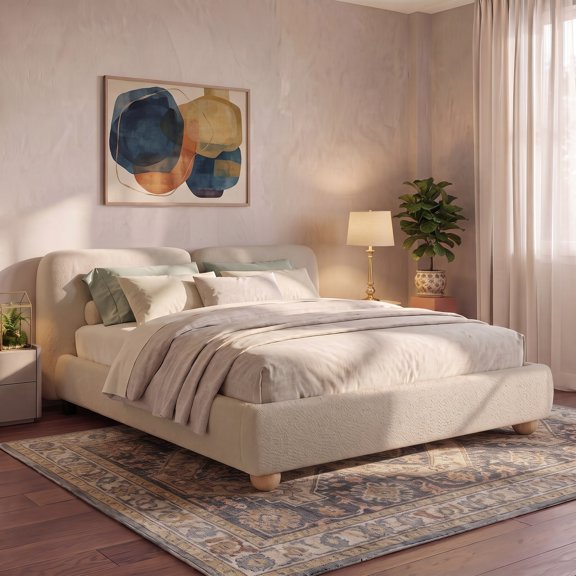 Upholstered Bed Frame King Size with Headboard, Boucle Platform Bed with Legs and Wood Slats, Low Profile and No Box Spring Needed, Taupe