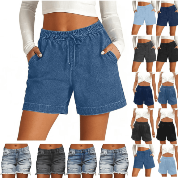 Jinhomg Summer Jean Shorts for Women Drawstring Elastic Wasit Cotton Denim Shorts High Waisted Pull On Stretchy Shorts with Pockets Black,S