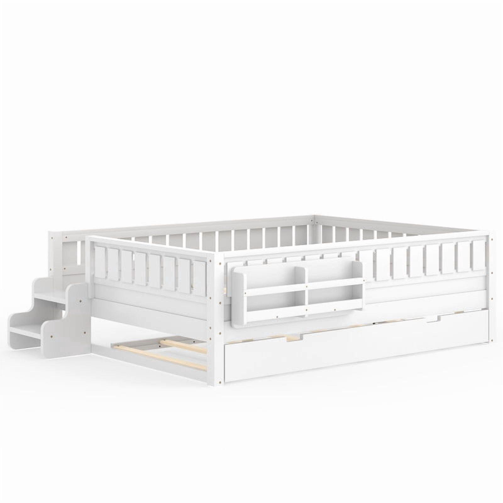 Queen Size Low-Profile Kid's Platform Bed with Built-in Bookshelves & Small Staircase, Wooden Bed Frame with Safety Rails & Trundle