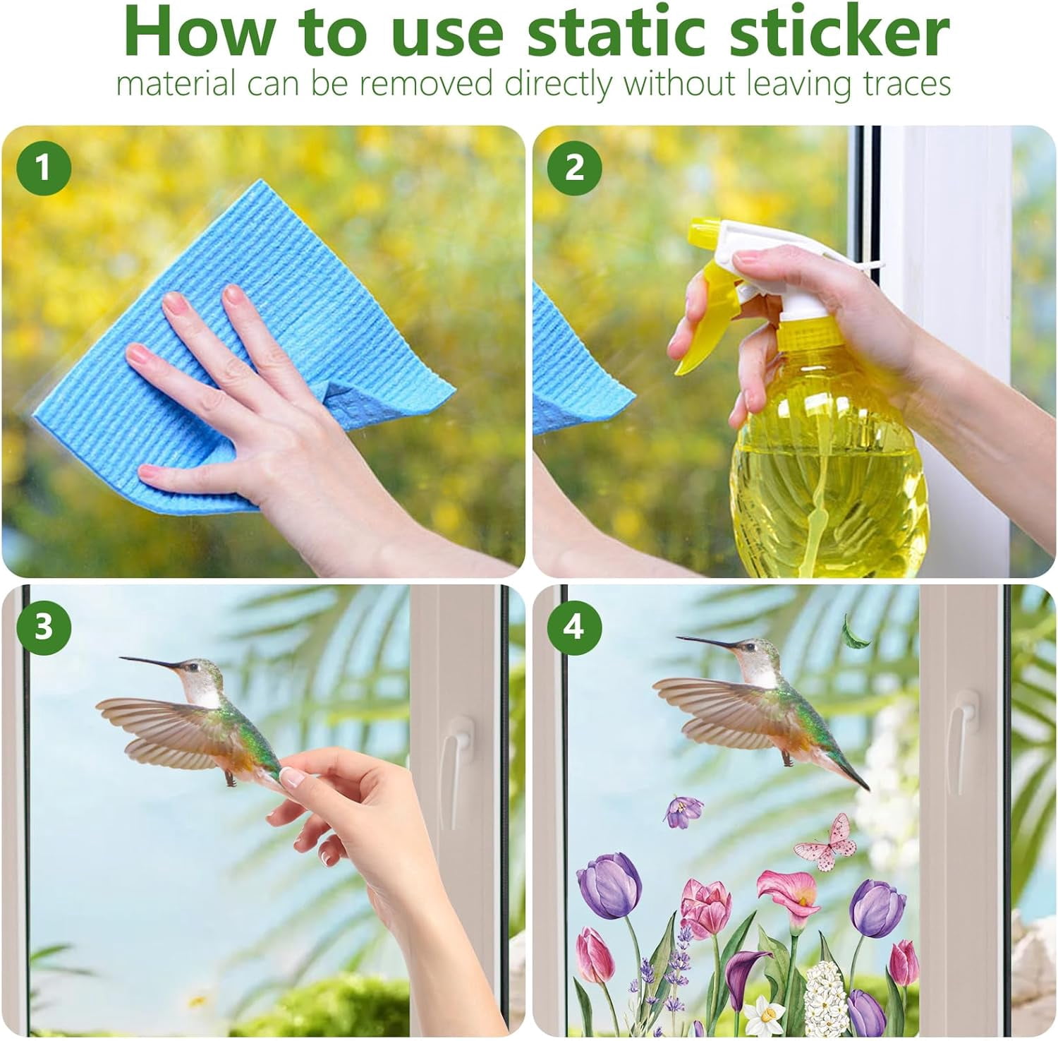 Spring Window Clings, 9 Sheets 76 PCS Tulip Window Clings with Bird Branch Butterfly Double Sided Reusable Spring Holiday Decorations Spring Decor for Room Office