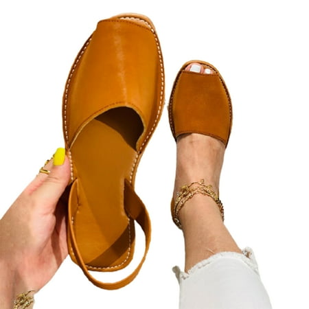 

Faux Leather Peep-toe Sandals for Women Fish Mouth PU Shoes Summer Beach Flat Heel Shoes 37 Brown